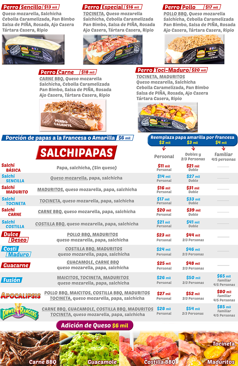 menú salchi pecado del salchi papas